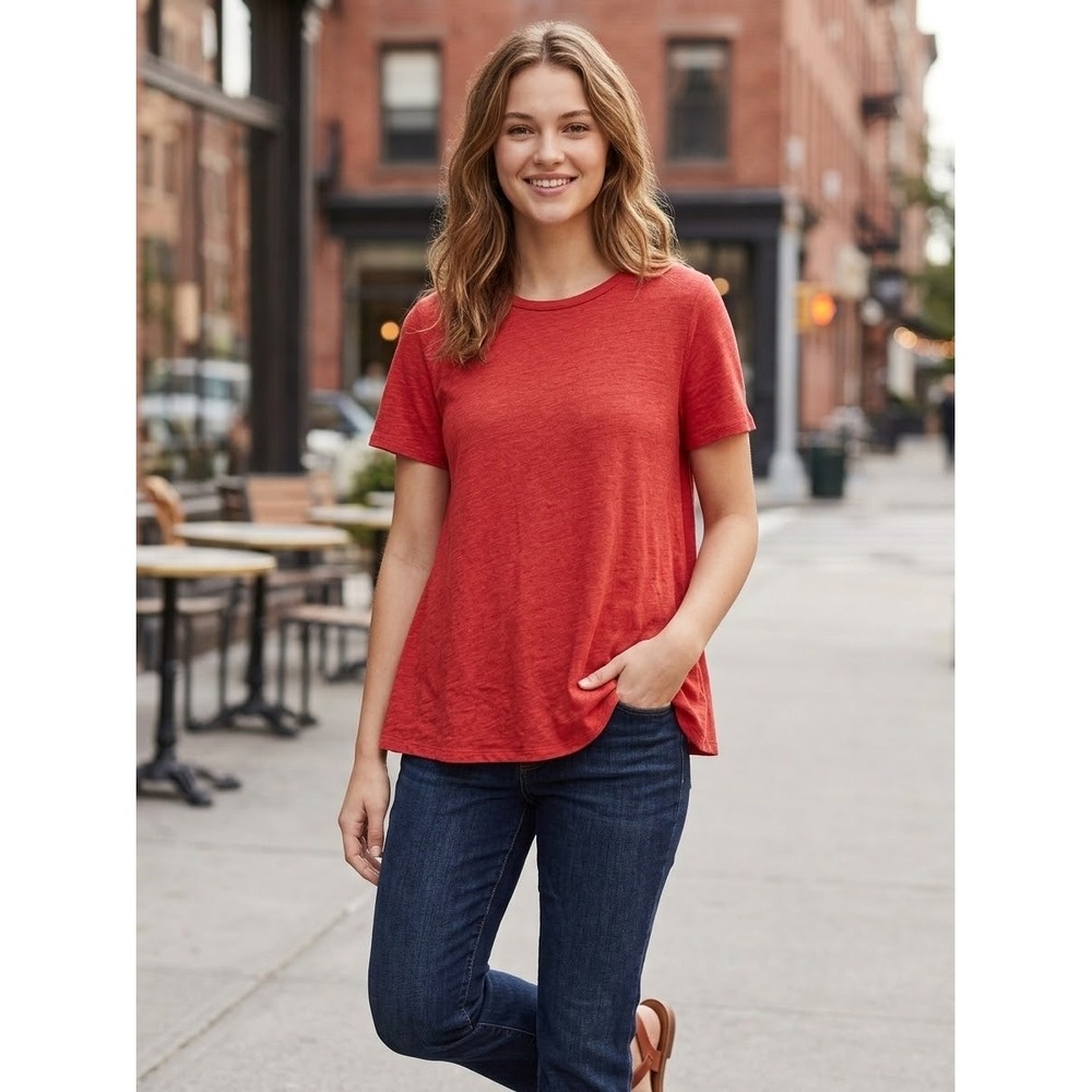 Eileen Fisher Red 100% Organic Linen Short Sleeve Crew Neck Tee XS Slub Knit